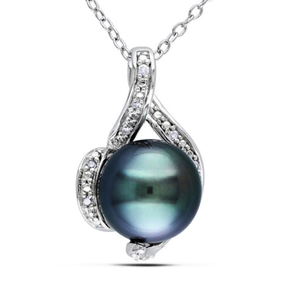9.0 - 9.5mm Black Cultured Tahitian Pearl and 0.05 CT. T.W. Natural Diamond Pendant in Sterling Silver