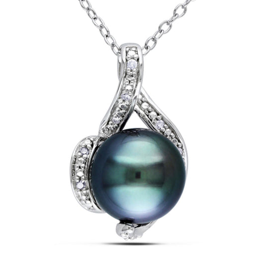 9.0 - 9.5mm Black Cultured Tahitian Pearl and 0.05 CT. T.W. Natural Diamond Pendant in Sterling Silver
