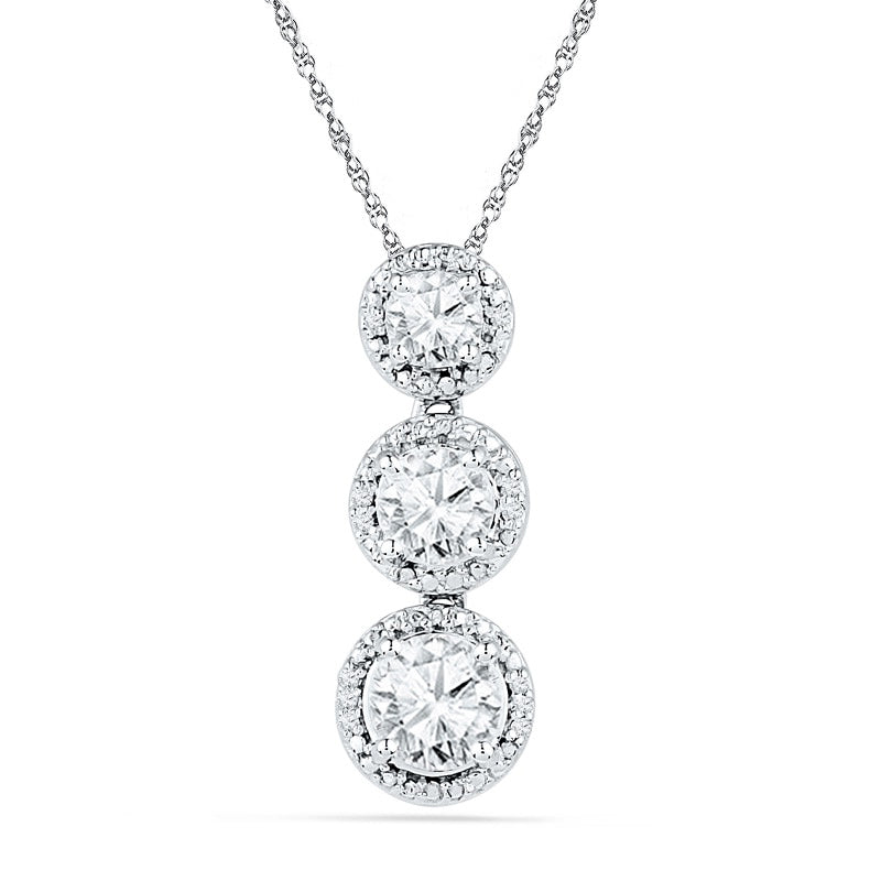 Lab-Created White Sapphire and 0.05 CT. T.W. Diamond Three Stone Frame Pendant in Sterling Silver