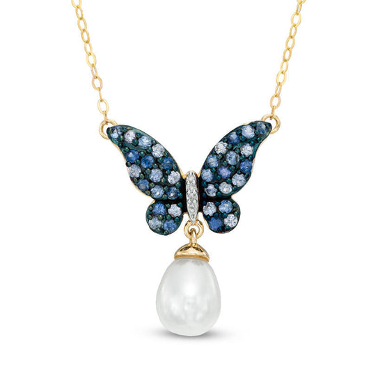 9.0mm Cultured Freshwater Pearl, Blue Sapphire and Natural Diamond Accent Butterfly Necklace in 10K Yellow Gold - 16.5