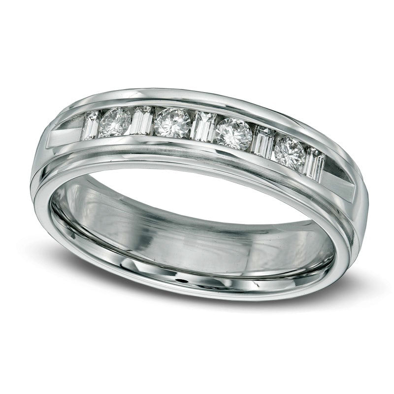 Men's 0.50 CT. T.W. Round and Baguette Natural Diamond Wedding Band in Solid 14K White Gold