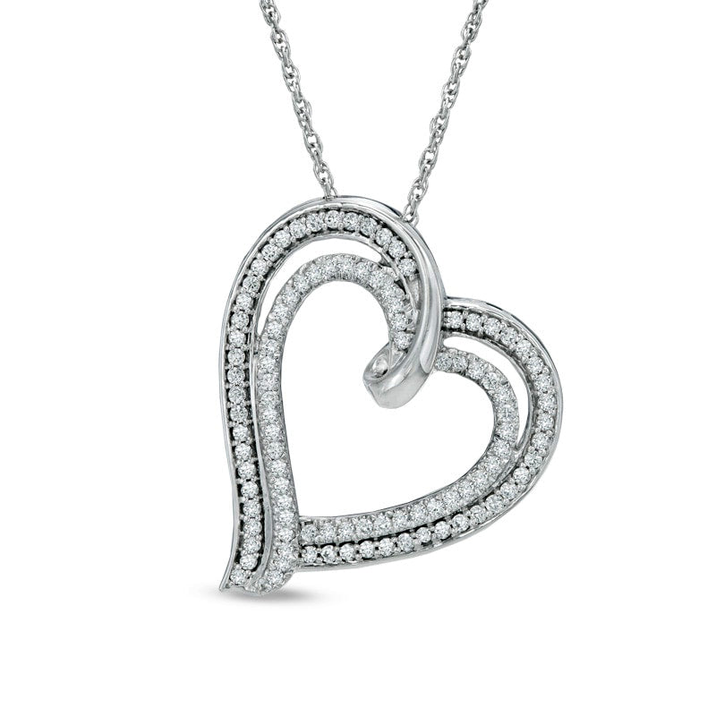 0.5 CT. T.W. Natural Diamond Double Row Tilted Heart Pendant in Sterling Silver