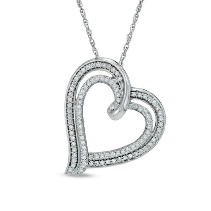 0.5 CT. T.W. Natural Diamond Double Row Tilted Heart Pendant in Sterling Silver