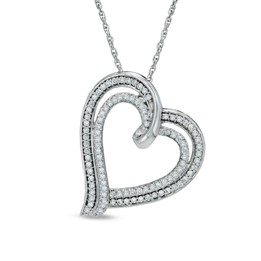 0.5 CT. T.W. Natural Diamond Double Row Tilted Heart Pendant in Sterling Silver