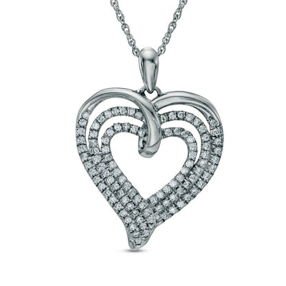 0.5 CT. T.W. Natural Diamond Multi-Row Ribbon Heart Pendant in Sterling Silver