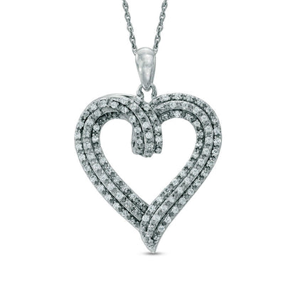 0.5 CT. T.W. Natural Diamond Layered Ribbon Heart Pendant in Sterling Silver
