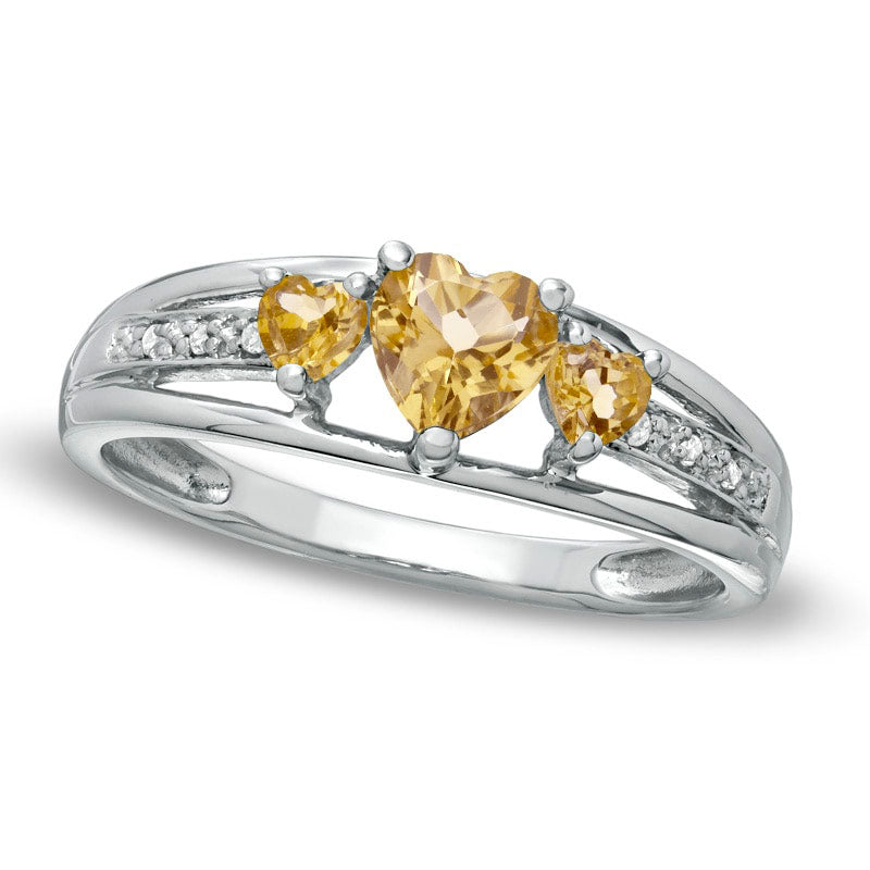 Heart-Shaped Citrine and Natural Diamond Accent Three Stone Promise Ring in Solid 10K White Gold