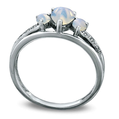 Heart-Shaped Lab-Created Opal and Diamond Accent Three Stone Promise Ring in Solid 10K White Gold