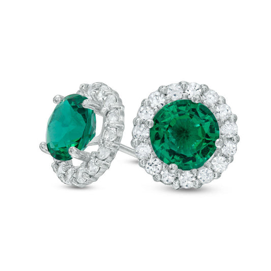 6.0mm Lab-Created Emerald and White Sapphire Frame Stud Earrings in 10K White Gold