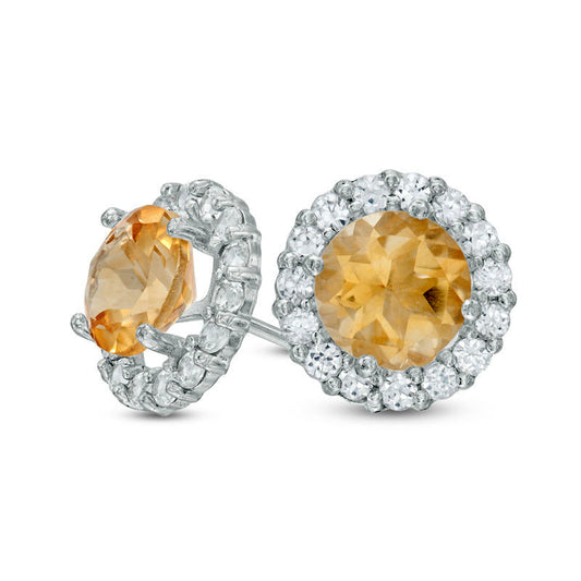 6.0mm Citrine and Lab-Created White Sapphire Frame Stud Earrings in 10K White Gold