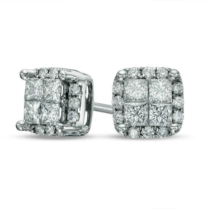 1 CT. T.W. Quad Princess-Cut Diamond Frame Stud Earrings in 14K White Gold
