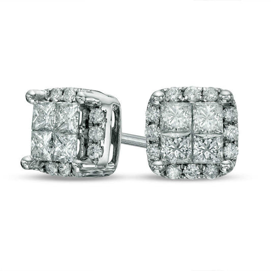 1 CT. T.W. Quad Princess-Cut Diamond Frame Stud Earrings in 14K White Gold