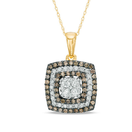 0.75 CT. T.W. Champagne and White Natural Diamond Alternating Square Frame Pendant in 14K Gold