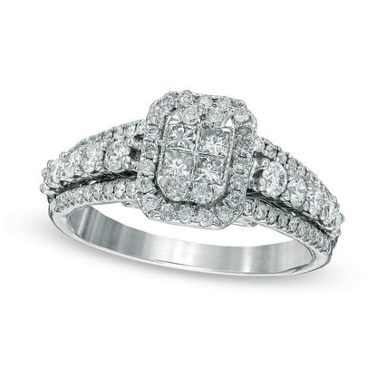 1.0 CT. T.W. Quad Princess-Cut Natural Diamond Frame Engagement Ring in Solid 14K White Gold