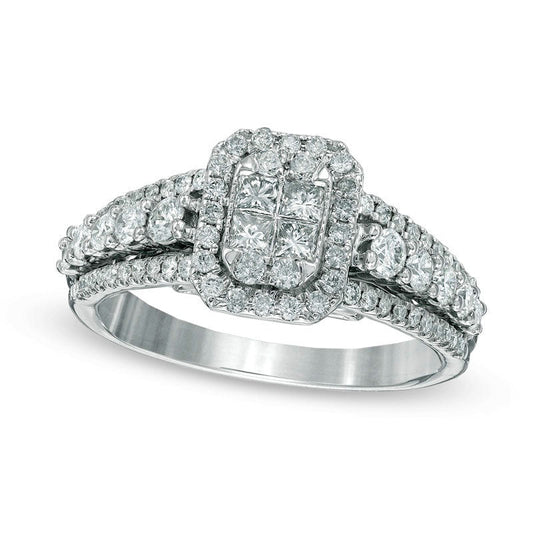 1.0 CT. T.W. Quad Princess-Cut Natural Diamond Frame Engagement Ring in Solid 14K White Gold