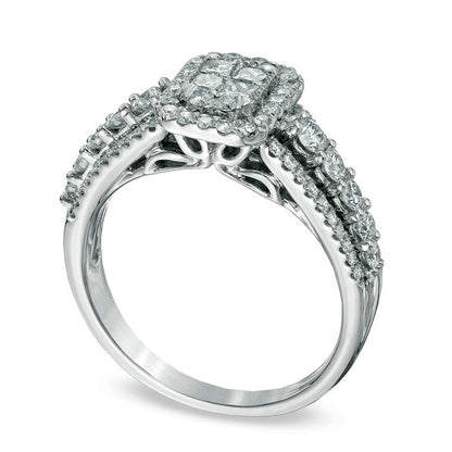1.0 CT. T.W. Quad Princess-Cut Natural Diamond Frame Engagement Ring in Solid 14K White Gold
