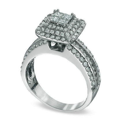 1.13 CT. T.W. Quad Princess-Cut Natural Diamond Double Frame Engagement Ring in Solid 14K White Gold