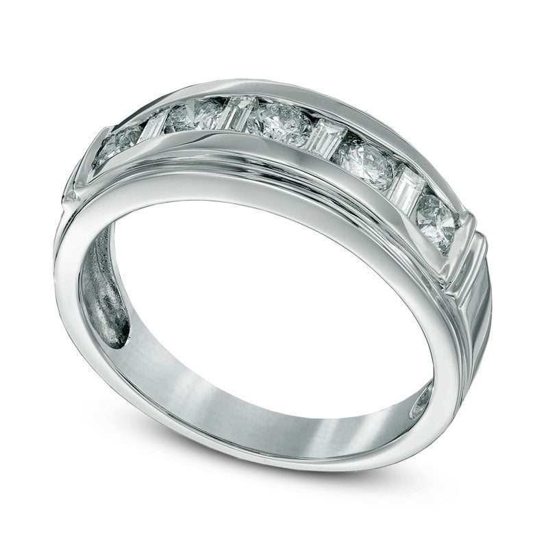 Men's 1.0 CT. T.W. Baguette and Round Natural Diamond Wedding Band in Solid 14K White Gold