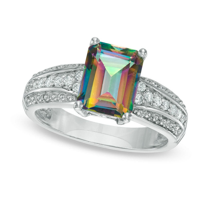 Emerald-Cut Mystic Fire« Topaz and 0.17 CT. T.W. Natural Diamond Ring in Solid 10K White Gold
