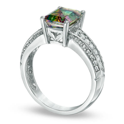 Emerald-Cut Mystic Fire« Topaz and 0.17 CT. T.W. Natural Diamond Ring in Solid 10K White Gold