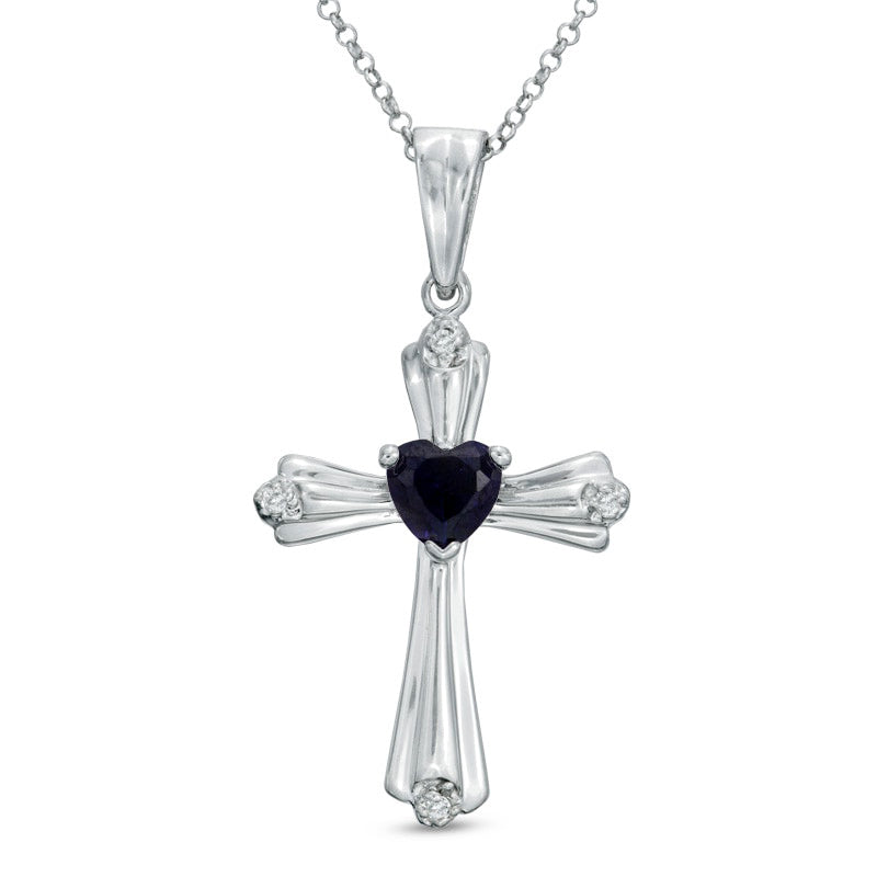 5.0mm Heart-Shaped Lab-Created Blue Sapphire and Diamond Accent Cross Pendant in Sterling Silver
