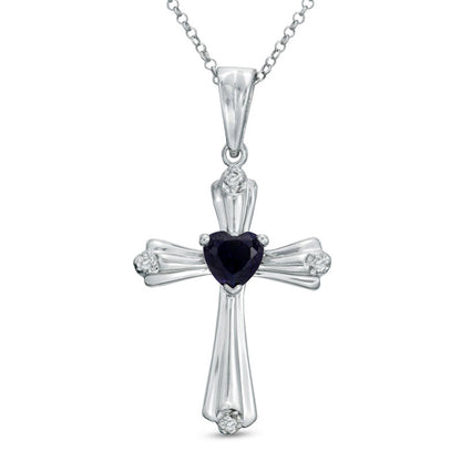 5.0mm Heart-Shaped Lab-Created Blue Sapphire and Diamond Accent Cross Pendant in Sterling Silver