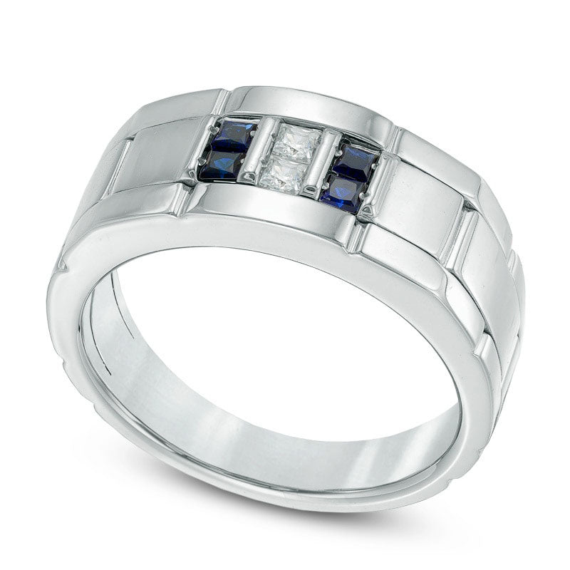 Men's Square-Cut Blue Sapphire and 0.10 CT. T.W. Natural Diamond Comfort Fit Wedding Band in Sterling Silver