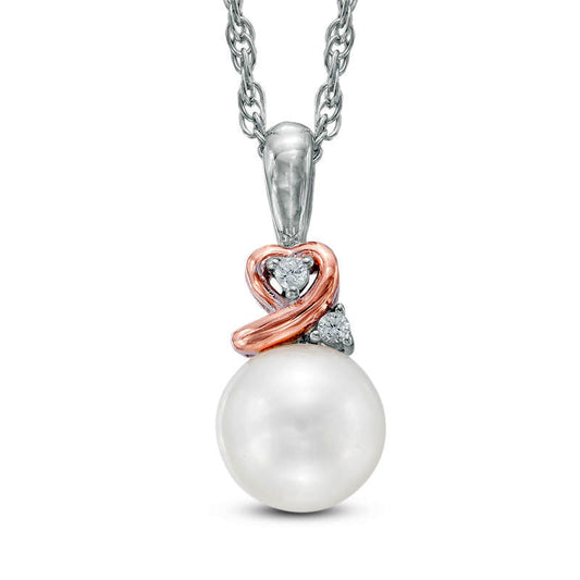 8.0mm Cultured Freshwater Pearl and Lab-Created White Sapphire Heart Pendant in Sterling Silver and 14K Gold Plate