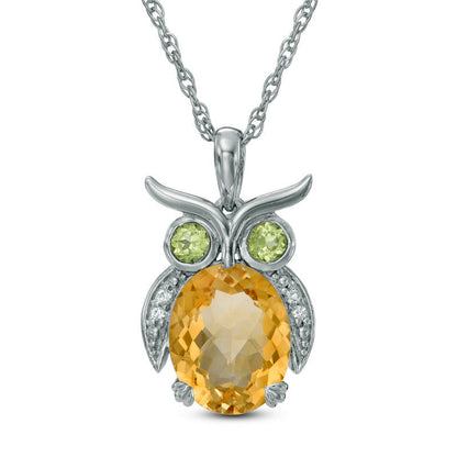 Oval Citrine, Peridot and Lab-Created White Sapphire Owl Pendant in Sterling Silver