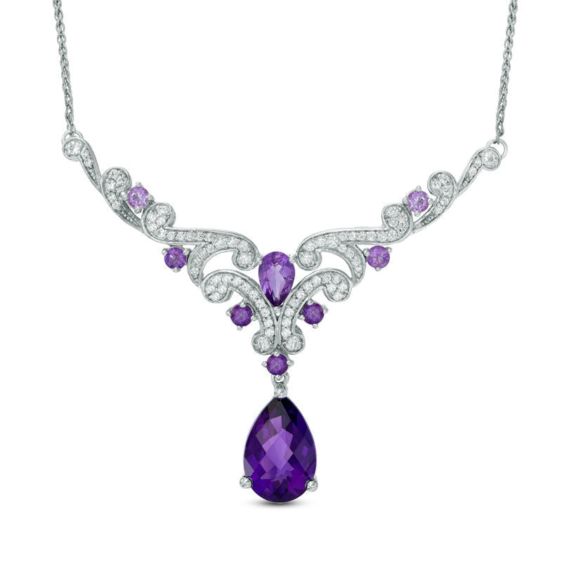 Pear-Shaped Amethyst and Lab-Created White Sapphire Necklace in Sterling Silver - 17