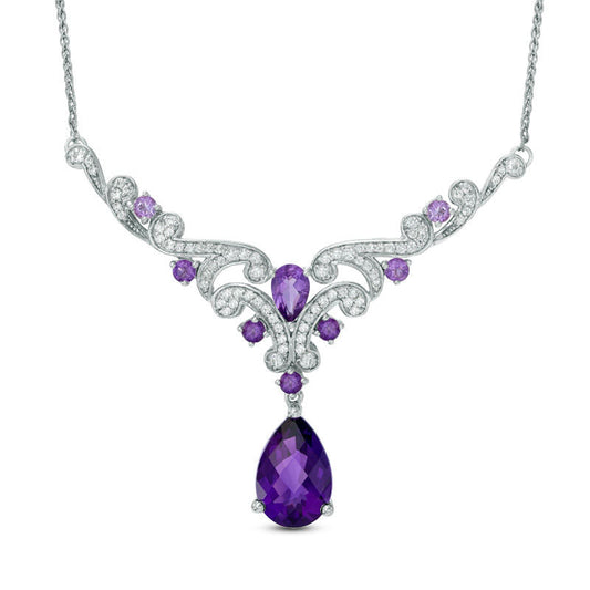Pear-Shaped Amethyst and Lab-Created White Sapphire Necklace in Sterling Silver - 17
