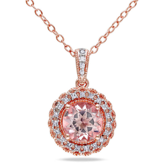 7.0mm Morganite and 0.1 CT. T.W. Natural Diamond Frame Pendant in Rose Rhodium Sterling Silver
