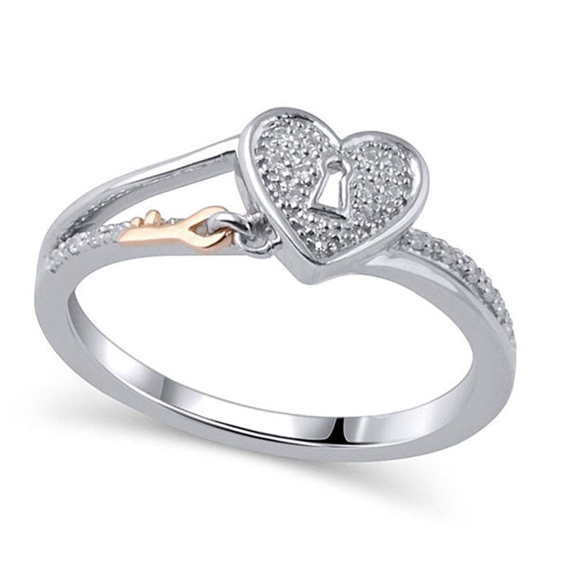 0.10 CT. T.W. Natural Diamond Heart-Shaped Lock with Key Dangle Ring in Sterling Silver and Solid 18K Rose Gold Plate