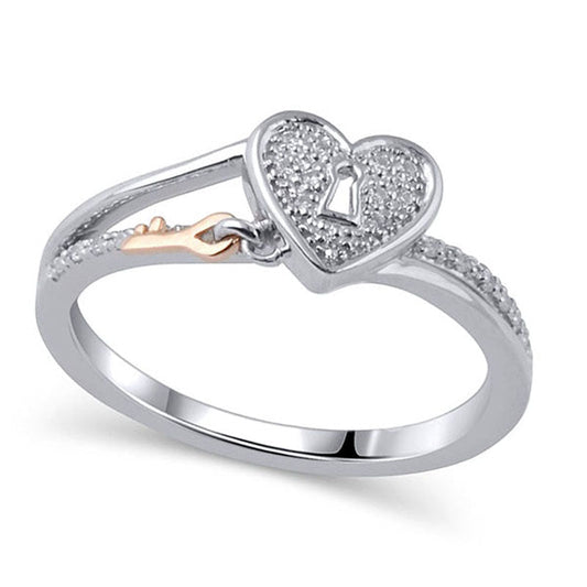 0.10 CT. T.W. Natural Diamond Heart-Shaped Lock with Key Dangle Ring in Sterling Silver and Solid 18K Rose Gold Plate