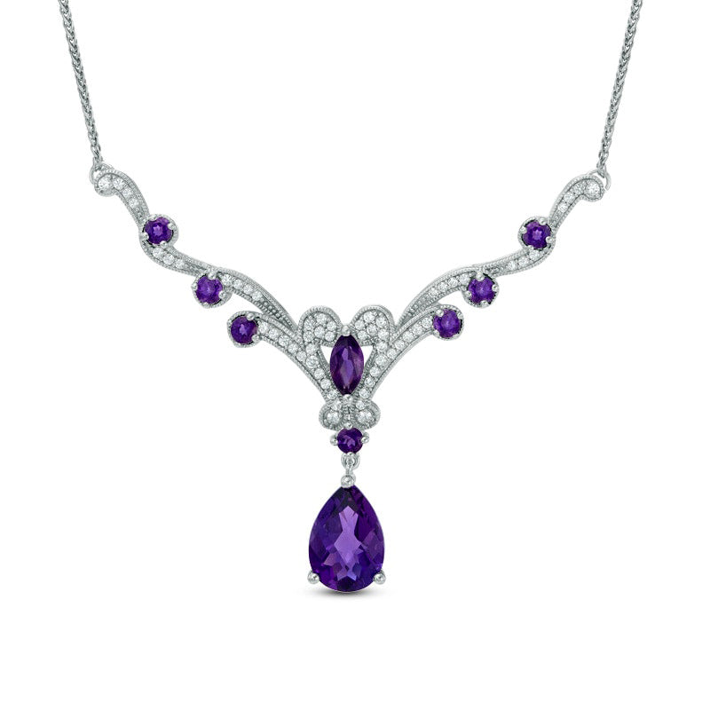 Pear-Shaped Amethyst and Lab-Created White Sapphire Necklace in Sterling Silver - 15