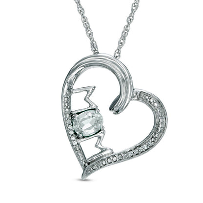 Oval Lab-Created White Sapphire and Diamond Accent MOM" Heart Pendant in Sterling Silver"