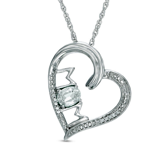 Oval Lab-Created White Sapphire and Diamond Accent MOM" Heart Pendant in Sterling Silver"