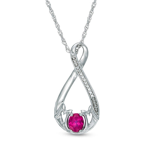 Oval Lab-Created Pink Sapphire and Diamond Accent Infinity MOM" Pendant in Sterling Silver"