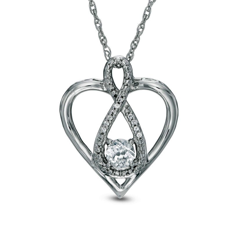 4.0mm Lab-Created White Sapphire and Diamond Accent Infinity Heart with MOM" Pendant in Sterling Silver"