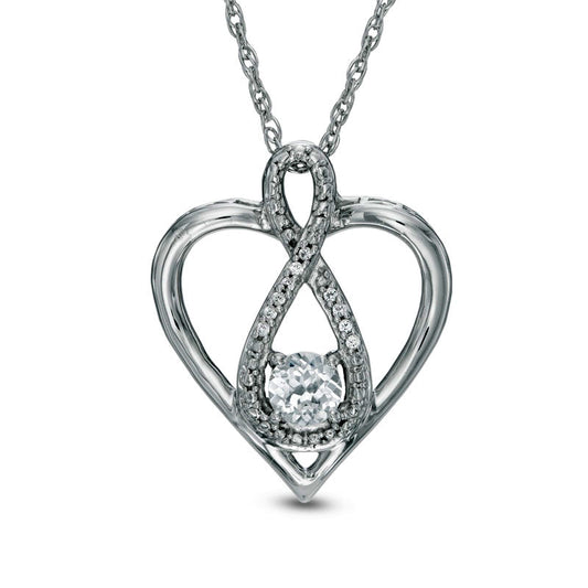 4.0mm Lab-Created White Sapphire and Diamond Accent Infinity Heart with MOM" Pendant in Sterling Silver"