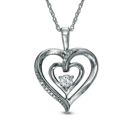 3.5mm Lab-Created White Sapphire and Diamond Accent Double Heart with MOM" Pendant in Sterling Silver"