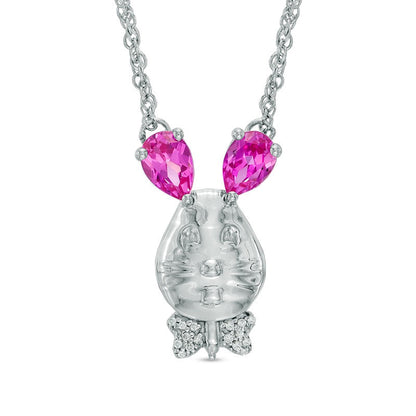 Pear-Shaped Lab-Created Pink Sapphire and Diamond Accent Bunny Rabbit Necklace in Sterling Silver
