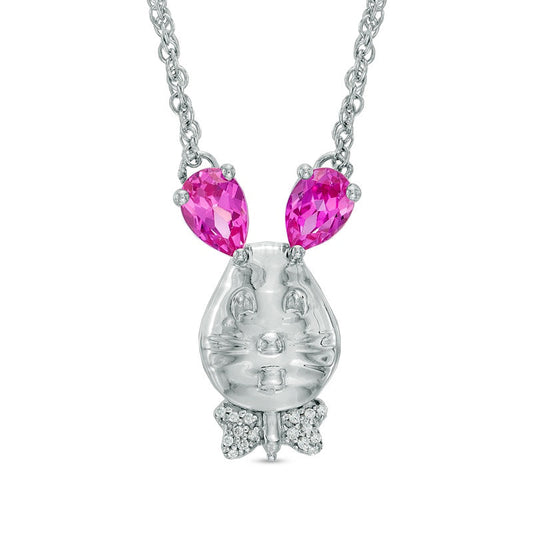 Pear-Shaped Lab-Created Pink Sapphire and Diamond Accent Bunny Rabbit Necklace in Sterling Silver