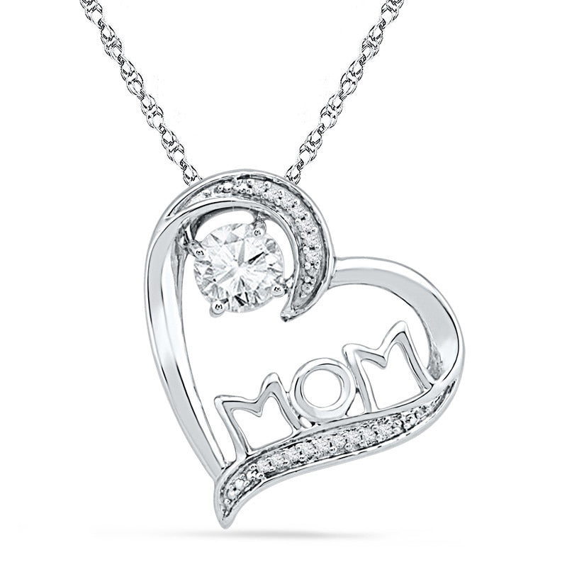 5.0mm Lab-Created White Sapphire and Diamond Accent MOM" Tilted Heart Pendant in Sterling Silver"