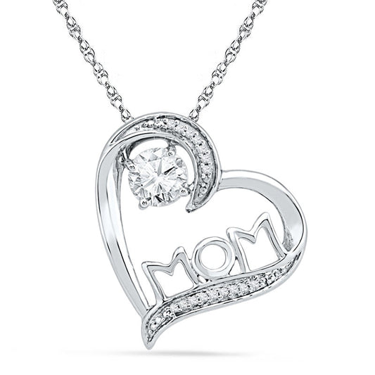 5.0mm Lab-Created White Sapphire and Diamond Accent MOM" Tilted Heart Pendant in Sterling Silver"