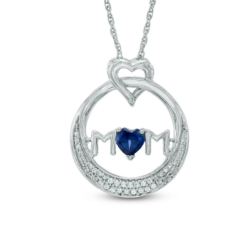 4.0mm Heart-Shaped Lab-Created Blue Sapphire and 0.05 CT. T.W. Diamond MOM" Circle Pendant in Sterling Silver"