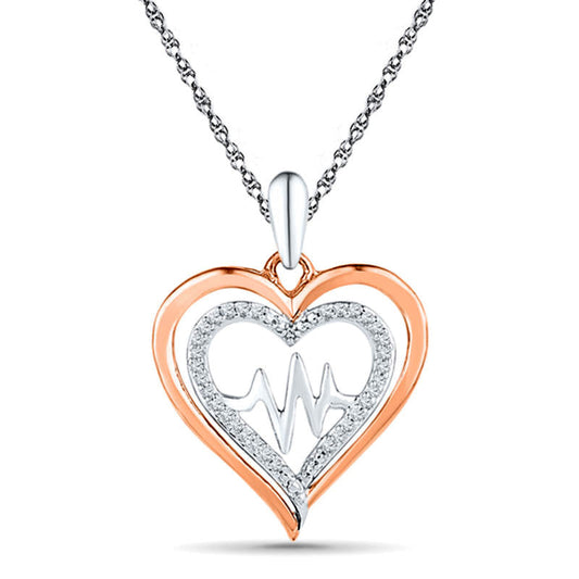 0.13 CT. T.W. Natural Diamond Double Heart with Heartbeat Pendant in Sterling Silver and 10K Rose Gold