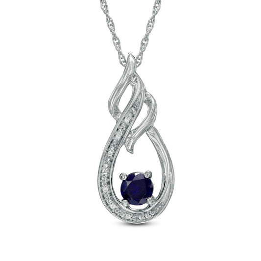 5.0mm Lab-Created Blue Sapphire and Diamond Accent Flame Pendant in Sterling Silver