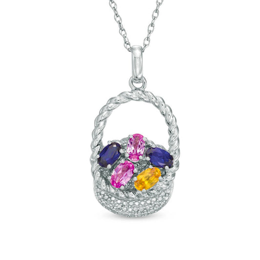 Oval Lab-Created Multi-Color Sapphire and Diamond Accent Easter Basket Pendant in Sterling Silver