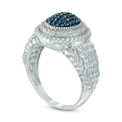 0.13 CT. T.W. Enhanced Blue and White Natural Diamond Oval Framed Feathered Ring in Sterling Silver - Size 7